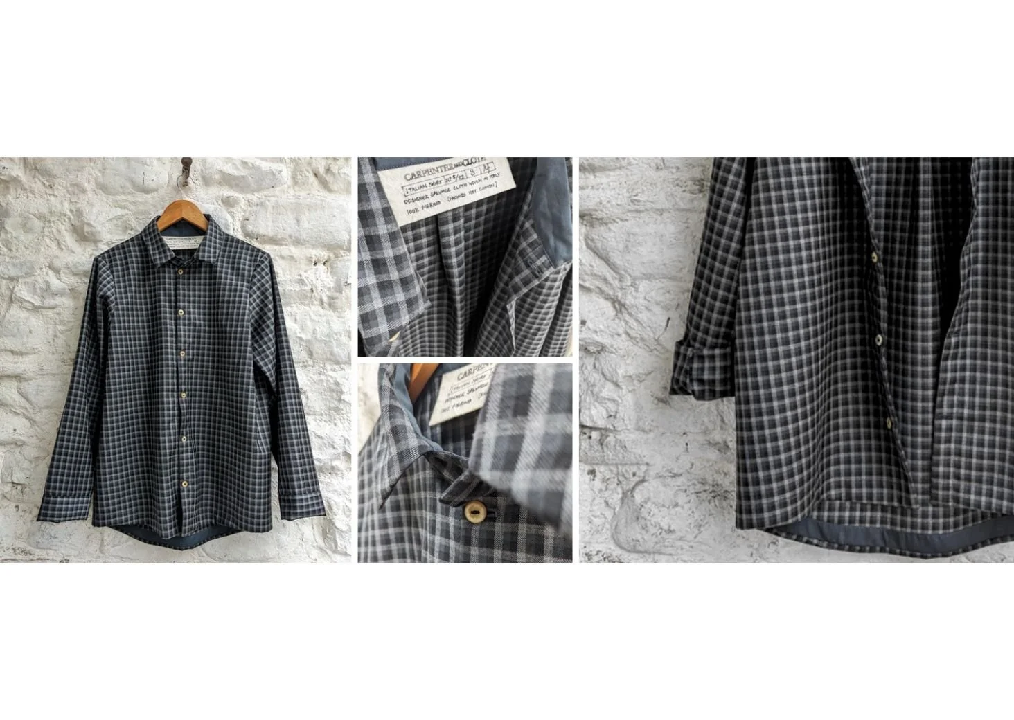 Italian-inspired wool flannel shirt from Carpenter & Cloth hanging against rustic backdrop